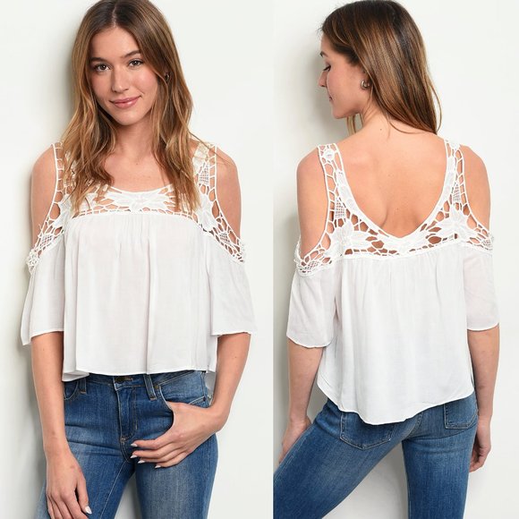 Ivory White Crochet Lace Cold Shoulder Cropped Top - Picture 6 of 8